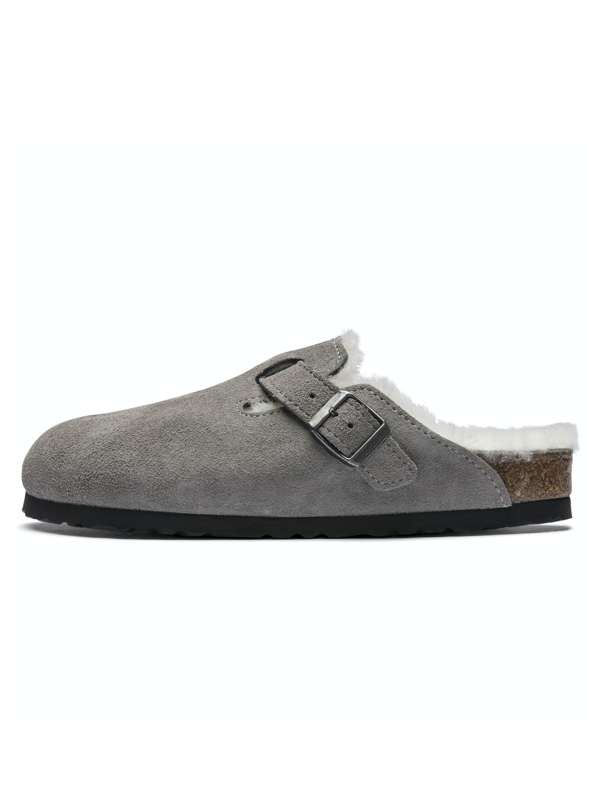 Grey Faux Suede Buckle Cork Clogs With Faux Shearling Lining Rounded Toe Backless Slippers Flats Mules