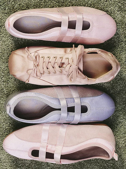Pink Faux Suede And Satin Round-Toe Double Middle Strap Sporty Ballet Sneakers