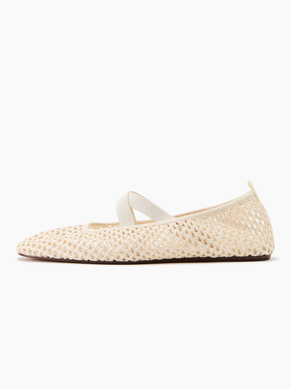 Light Beige Grass Woven Square-Toe Middle Crossed Straps Ballet Flats