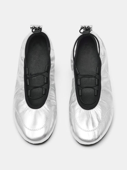 Metallic Silver Round-Toe Elastic Adjustable Closure Ballet Sneakers