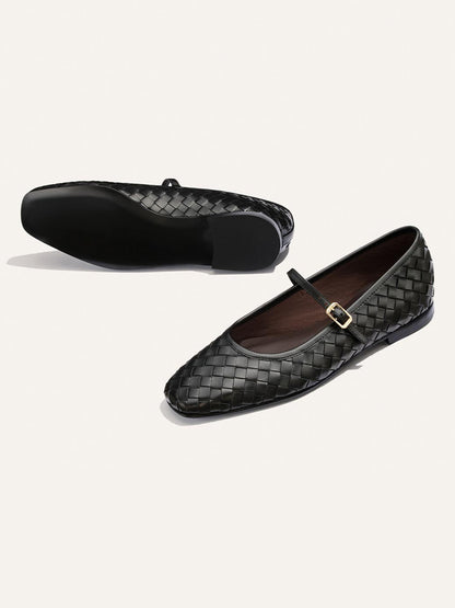 Black Woven Vegan Leather Square-Toe Mary Jane Chic Ballet Flats