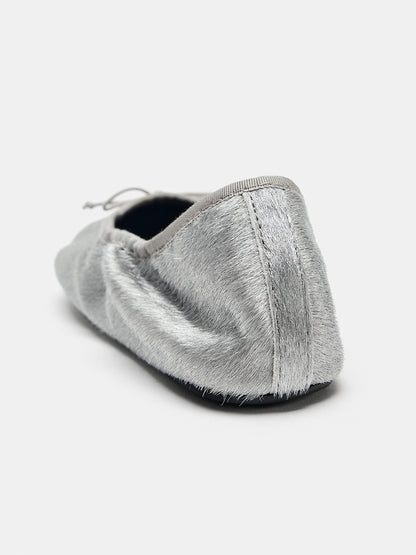 Silver Pony Hair Vegan Leather Square-Toe Front Bow Slip-On Ballet Flats