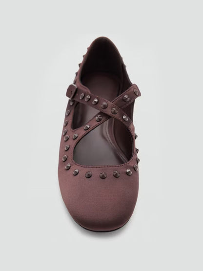 Chocolate Satin Round-Toe Middle Crossed Straps And Studs Flats