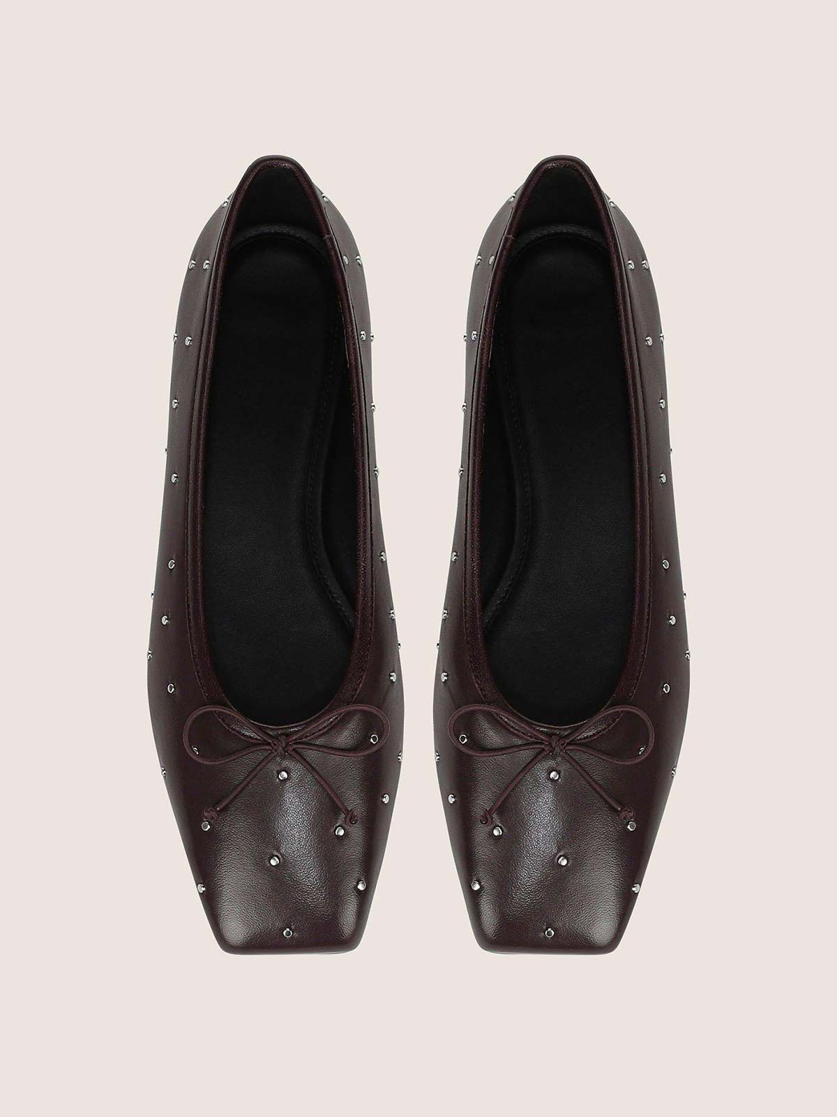 Dark Coffee Square-Toe Front Bow Studded Chic Ballet Flats
