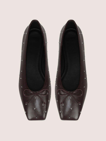 Dark Coffee Square-Toe Front Bow Studded Chic Ballet Flats