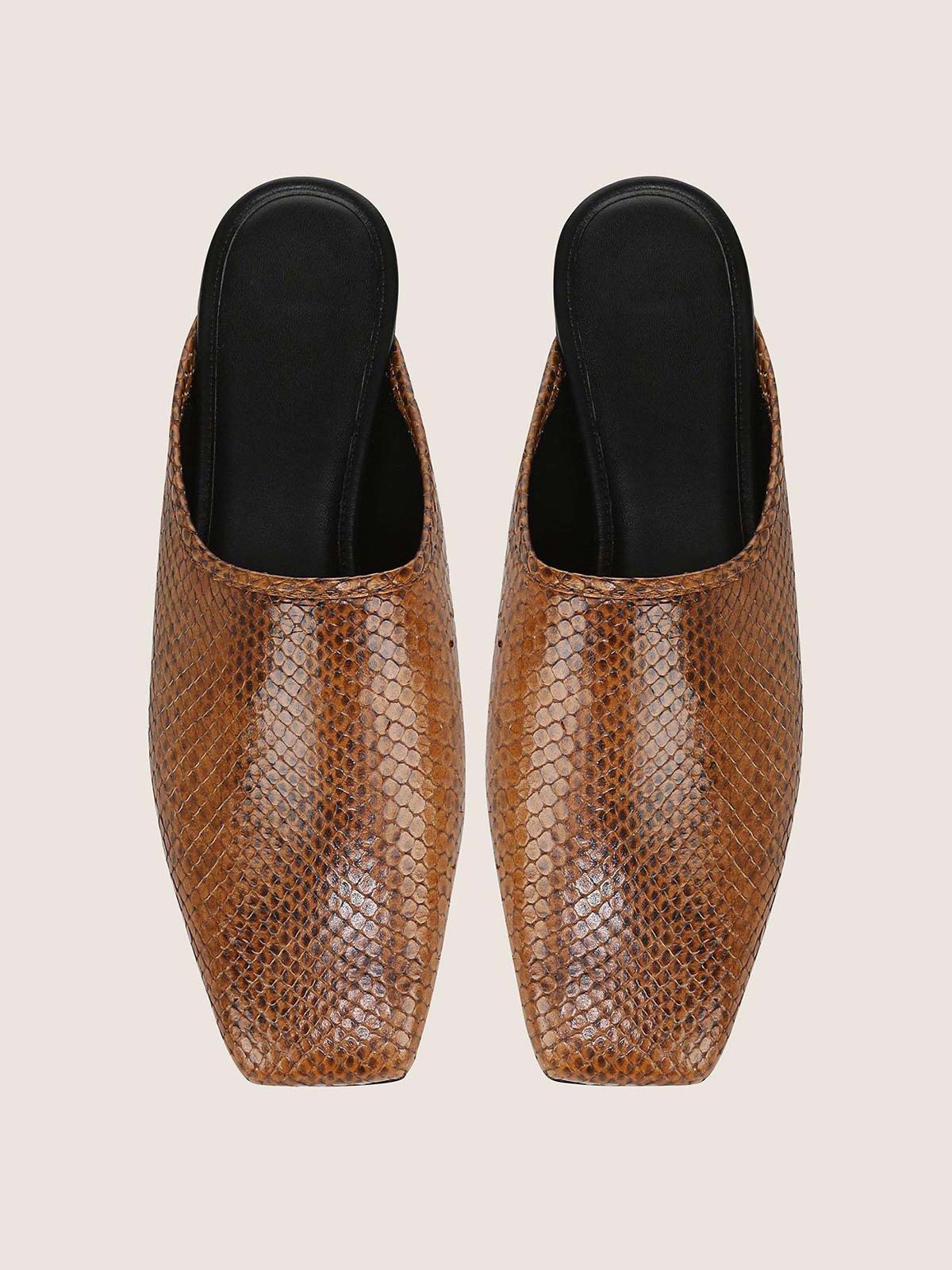 Brown Snakeskin Pattern Square-Toe Chic Backless Simple Flats