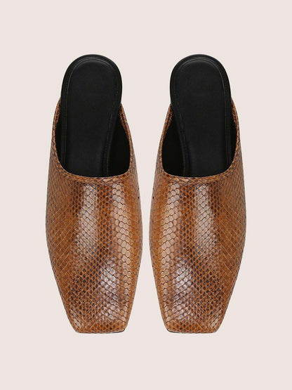 Brown Snakeskin Pattern Square-Toe Chic Backless Simple Flats