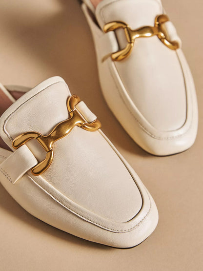 Ivory Vegan Leather Square-Toe Slip-On Backless Loafers Flats