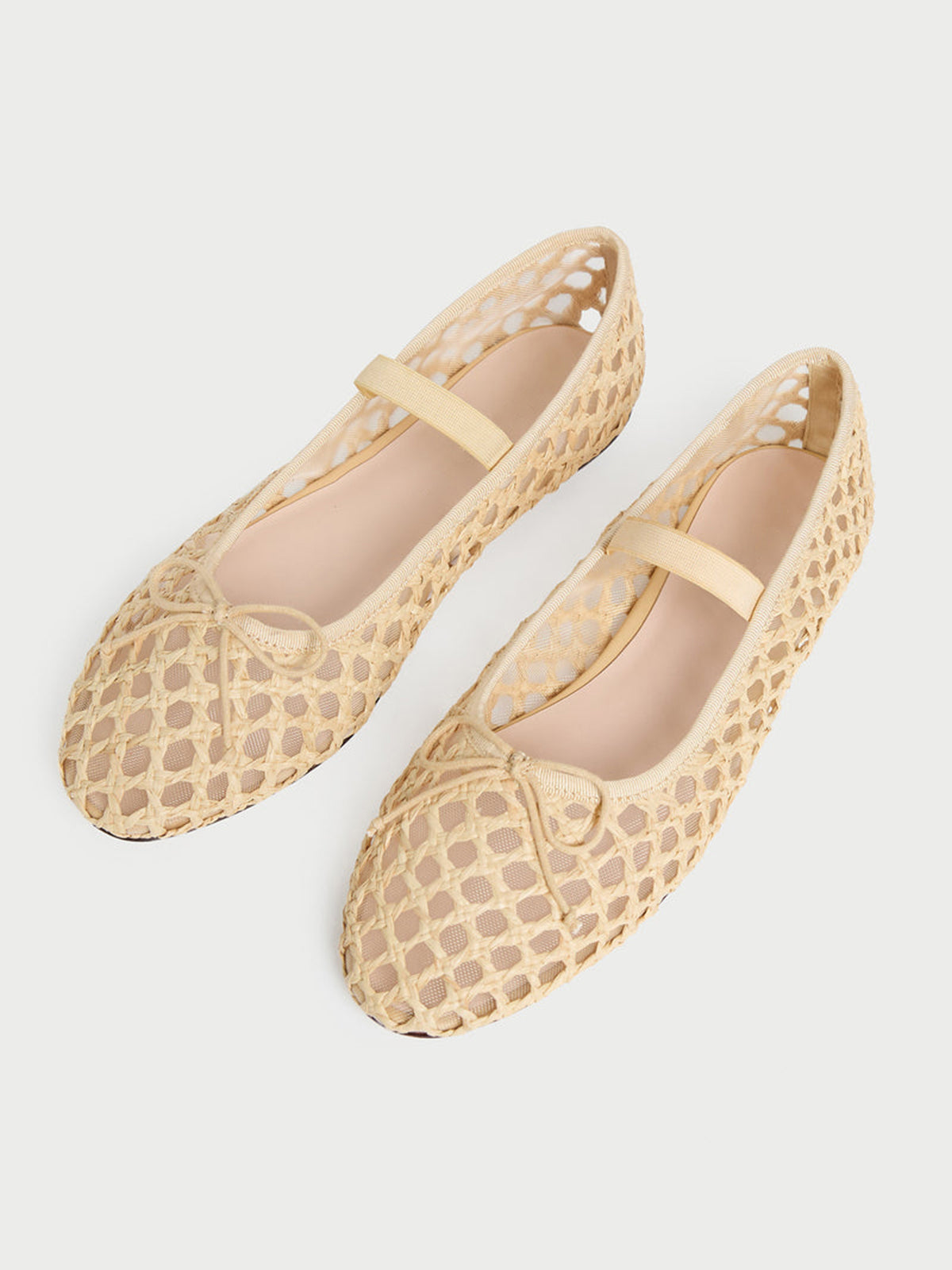 Nude Woven And Mesh Round-Toe Front Bow And Middle Strap Ballet Flats
