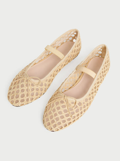 Nude Woven And Mesh Round-Toe Front Bow And Middle Strap Ballet Flats