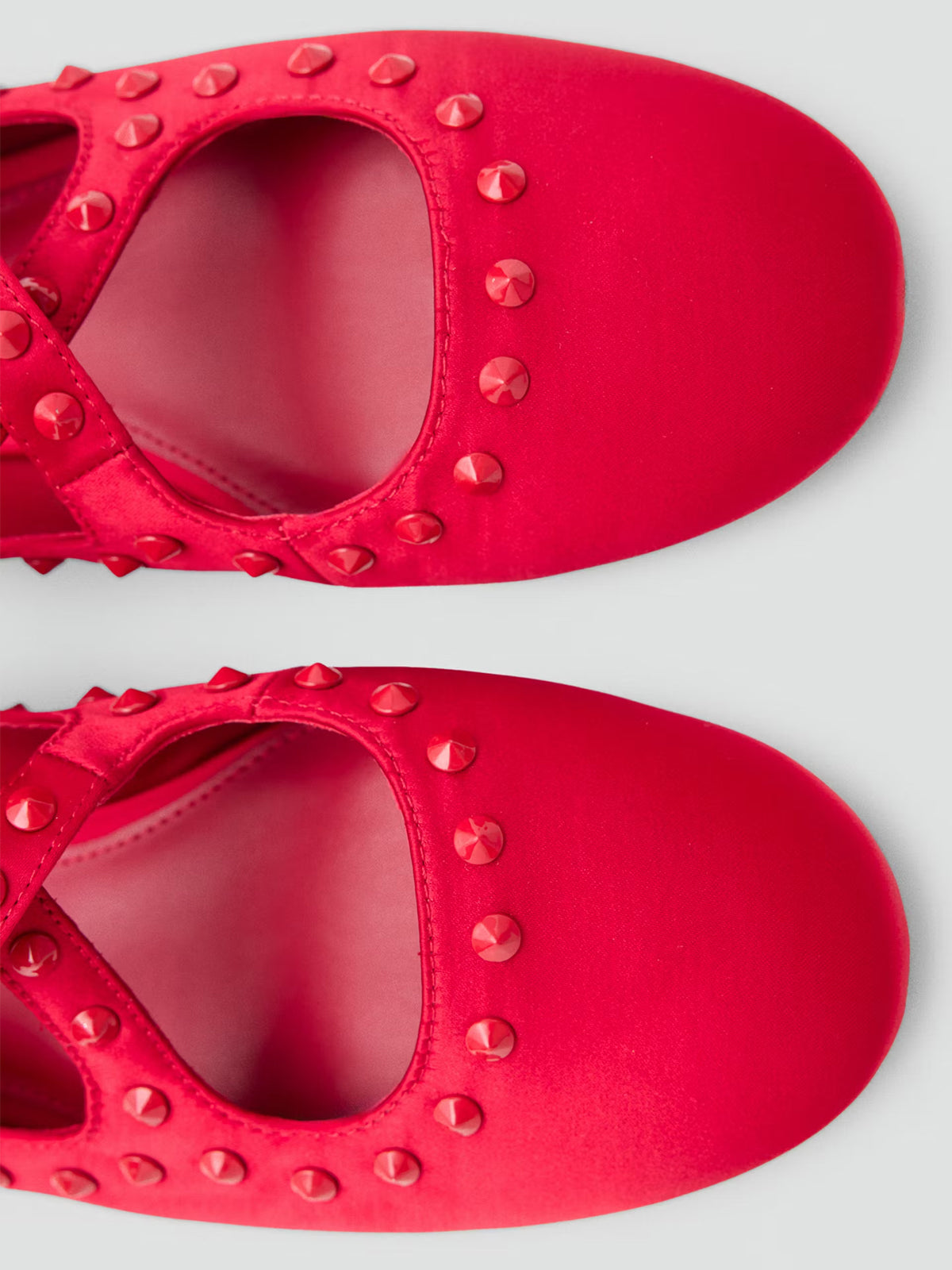 Red Satin Round-Toe Middle Crossed Straps And Studs Flats