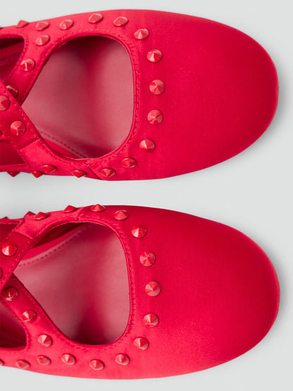 Red Satin Round-Toe Middle Crossed Straps And Studs Flats