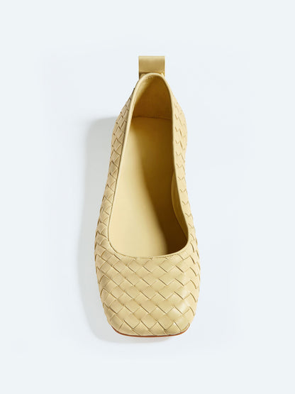 Yellow Woven Vegan Leather Square-Toe Classic Slip-On Ballet Flats