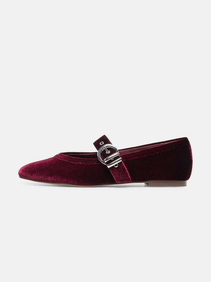 Wine Red Pleuche Square-Toe Buckle Mary Jane Ballet Flats