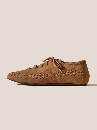 Tan Faux Suede Round-Toe Lace-Up And Braided-Detail Sporty Flats