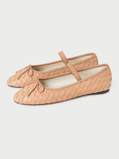 Beige Woven Vegan Leather Round-Toe Front Bow And Middle Strap Ballet Flats