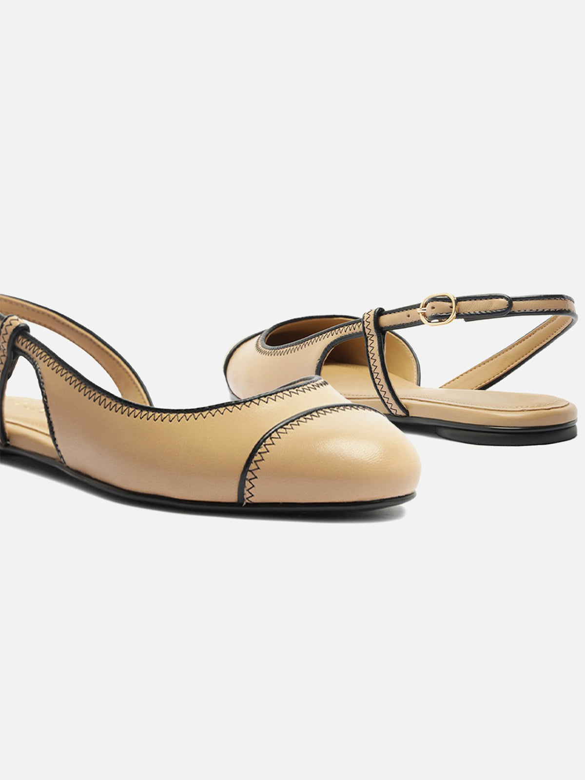 Tan Round-Toe Buckle Back Strap Chic Slip-On Flats