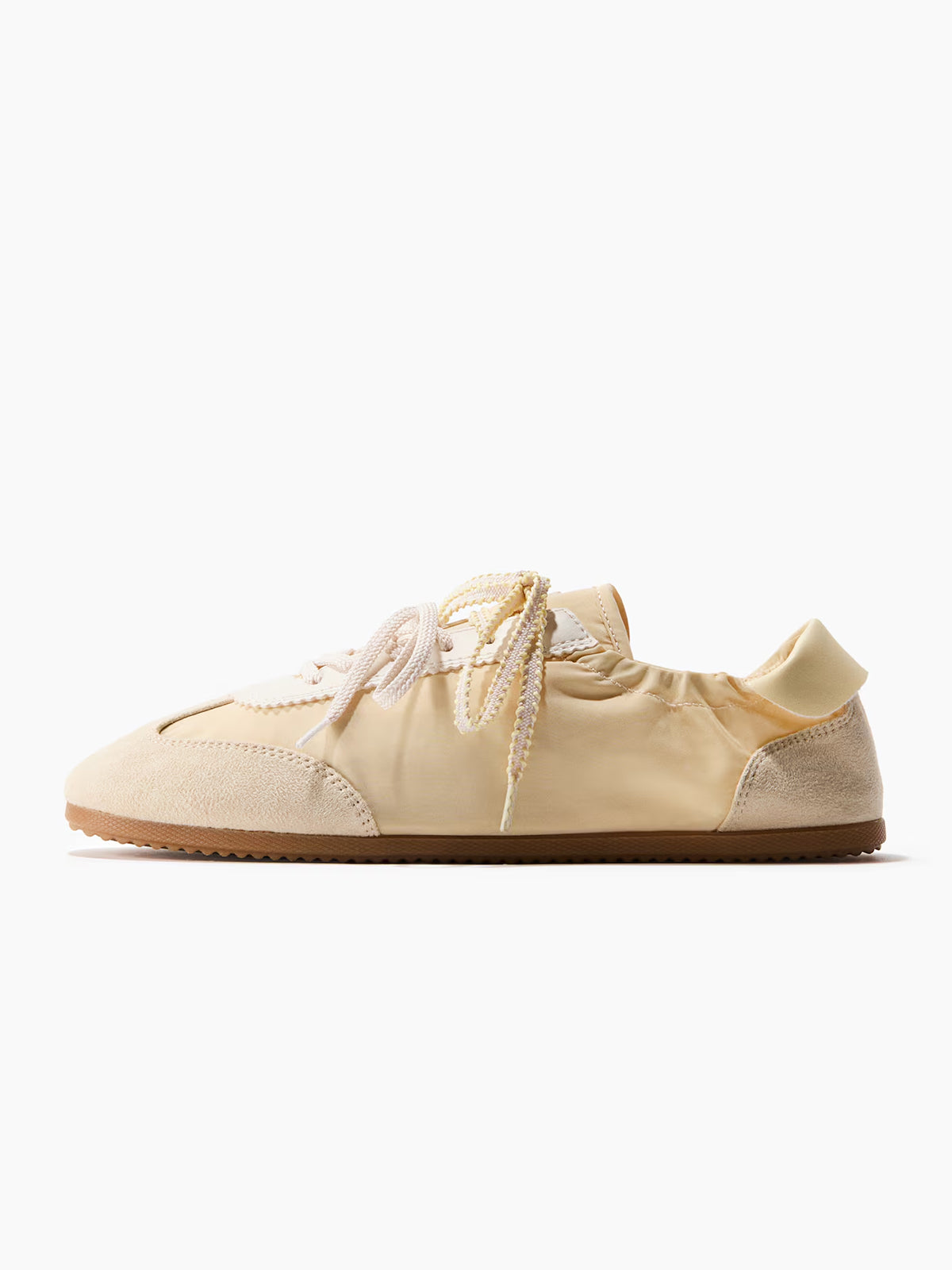 Light Yellow Satin And Cow Suede And Cow Leather Round-Toe Lace-Up Flats Sneakers