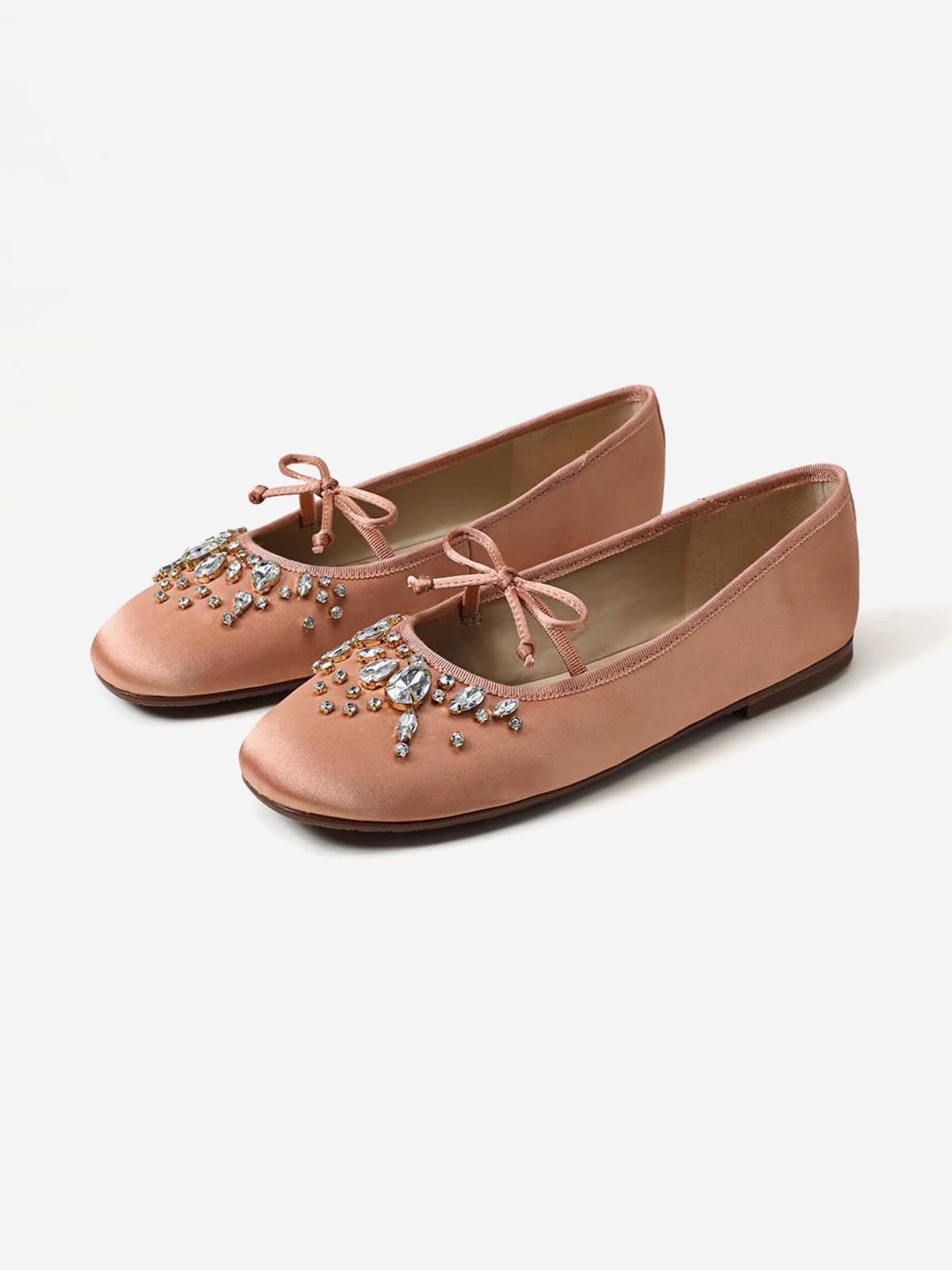 Blush Satin Square-Toe Front Crystals And Mary Jane Ballet Flats