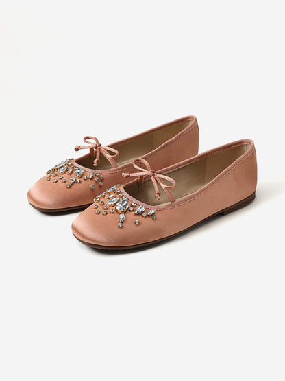 Blush Satin Square-Toe Front Crystals And Mary Jane Ballet Flats