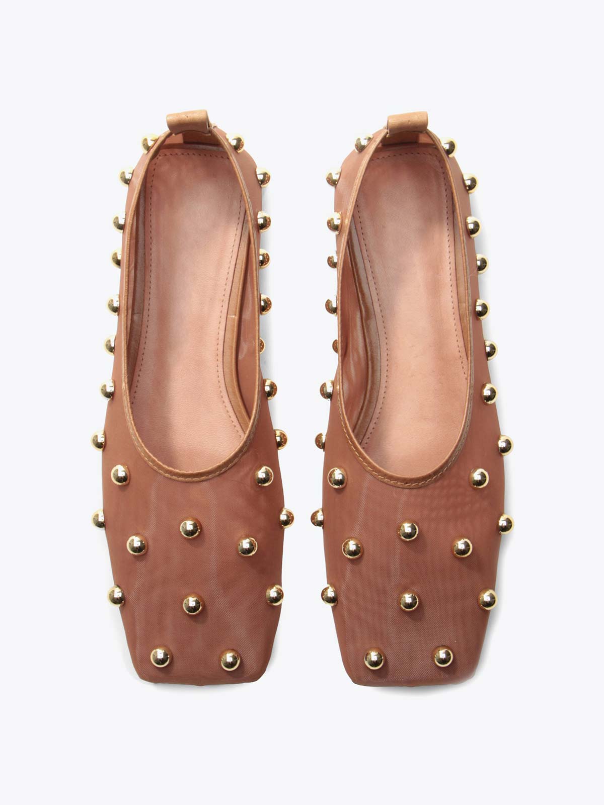 Beige Mesh Square-Toe Full Gold Studs Slip-On Ballet Flats