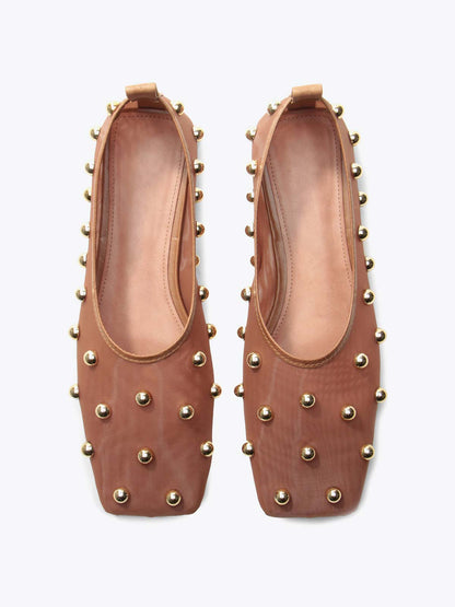 Beige Mesh Square-Toe Full Gold Studs Slip-On Ballet Flats