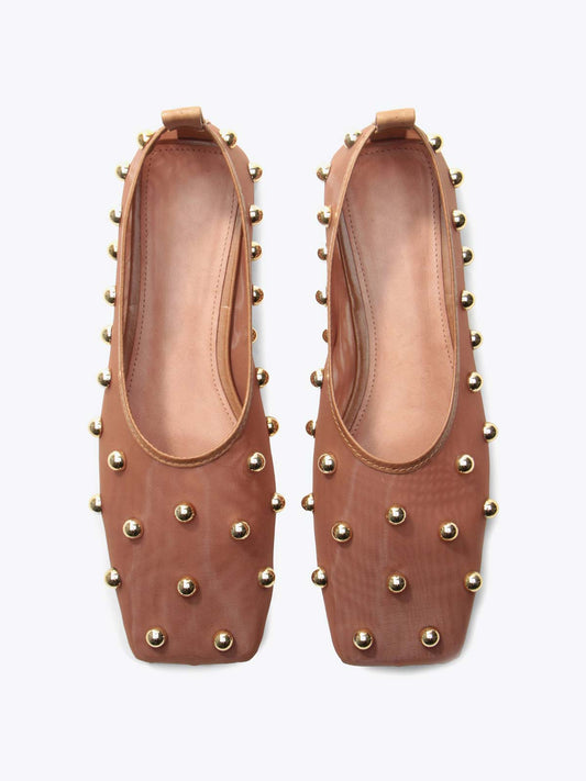 Beige Mesh Square-Toe Full Gold Studs Slip-On Ballet Flats