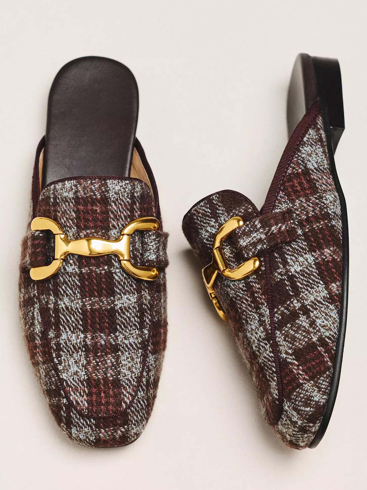Red Gingham Square-Toe Slip-On Backless Loafers Flats