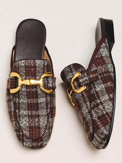 Red Gingham Square-Toe Slip-On Backless Loafers Flats