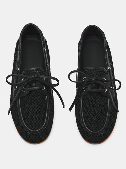 Black Mesh Round-Toe Classic Lace-Up Slip-On Flats