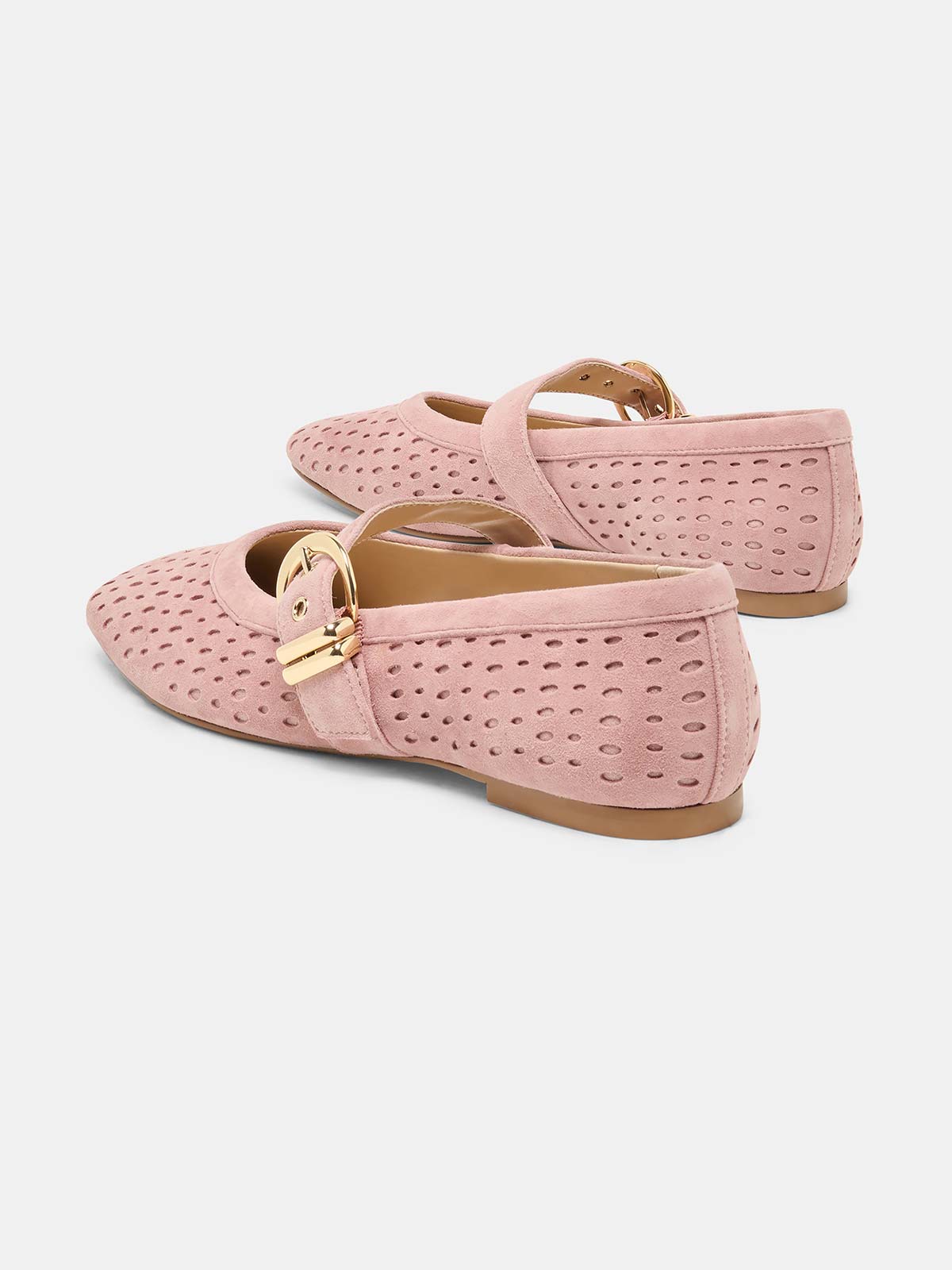 Pink Perforated Faux Suede Square-Toe Middle Strap Ballet Flats