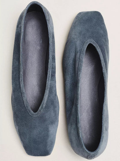 Teal Faux Suede Square-Toe Simple Slip-On Ballet Flats