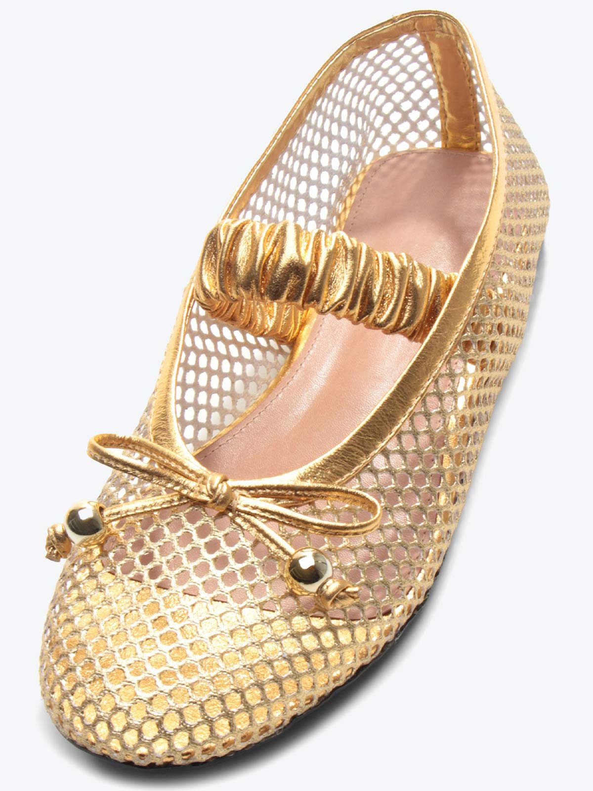 Metallic Gold Mesh Round-Toe Front Bow And Elastic Mary Jane Ballet Flats