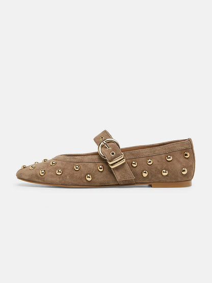 Taupe Faux Suede Square-Toe Buckle Mary Jane Strap And Full Studs Ballet Flats