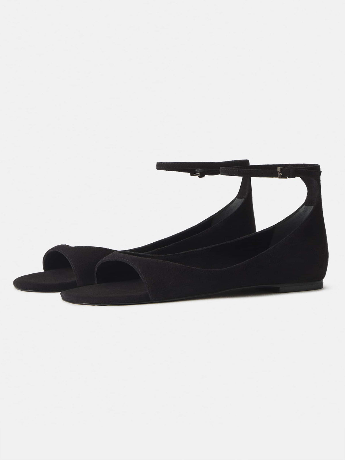 Black Faux Suede Square-Toe Buckle Ankle Strap Flats Sandals