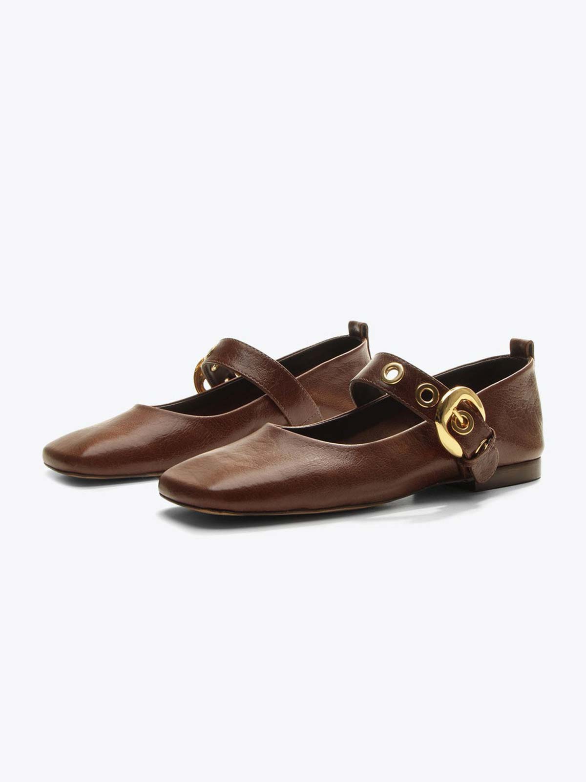 Maroon Square-Toe Buckle Wide Mary Jane Strap Ballet Flats