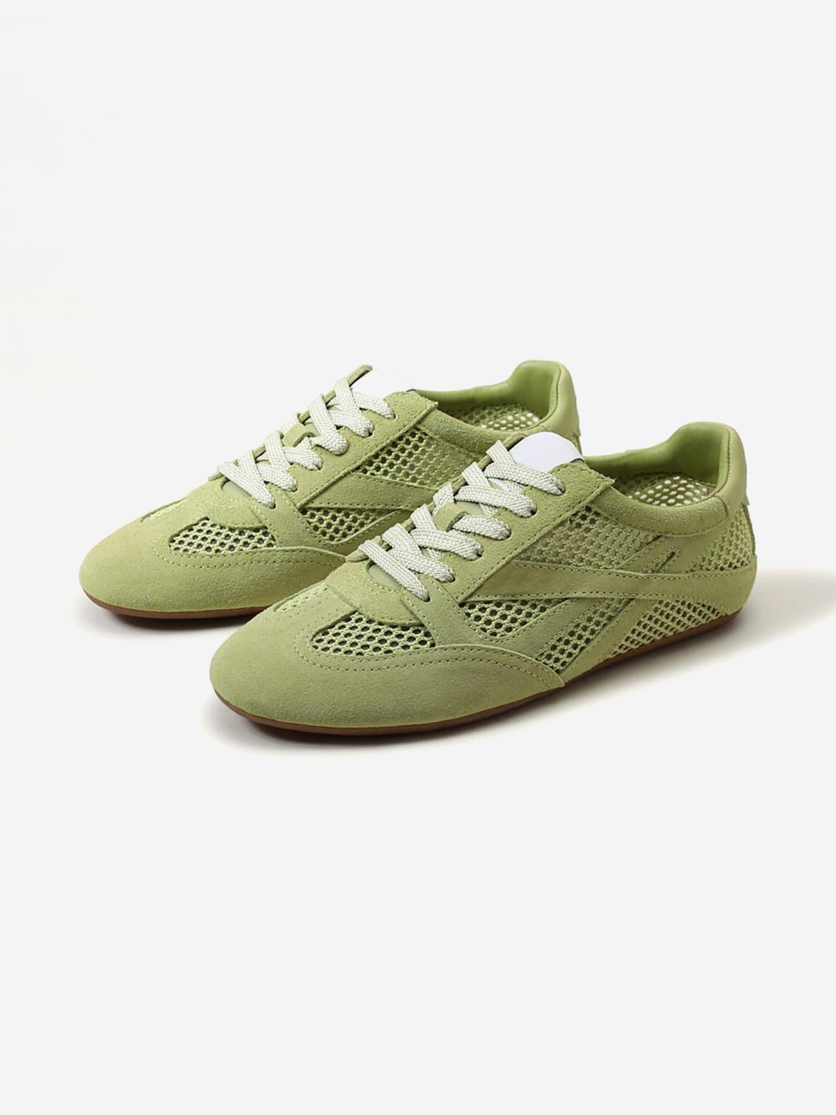 Green Cow Suede And Mesh Round-Toe Chic Lace-Up Flats Sneakers