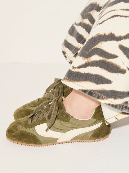Coffee Cow Suede And Cloth And Cow Leather Square-Toe Lace-Up Sneakers