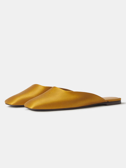 Honey Satin Square-Toe Backless Slip-On Flat Mules