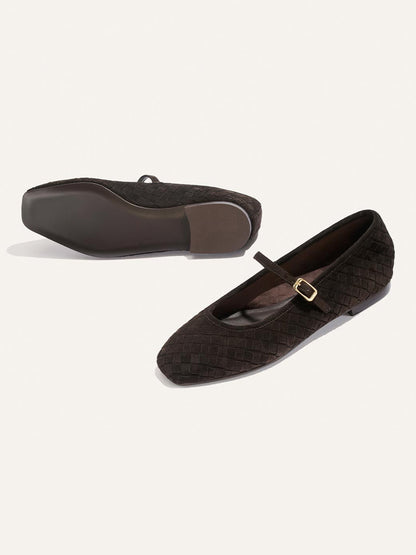 Chocolate Woven Faux Suede Square-Toe Mary Jane Chic Ballet Flats