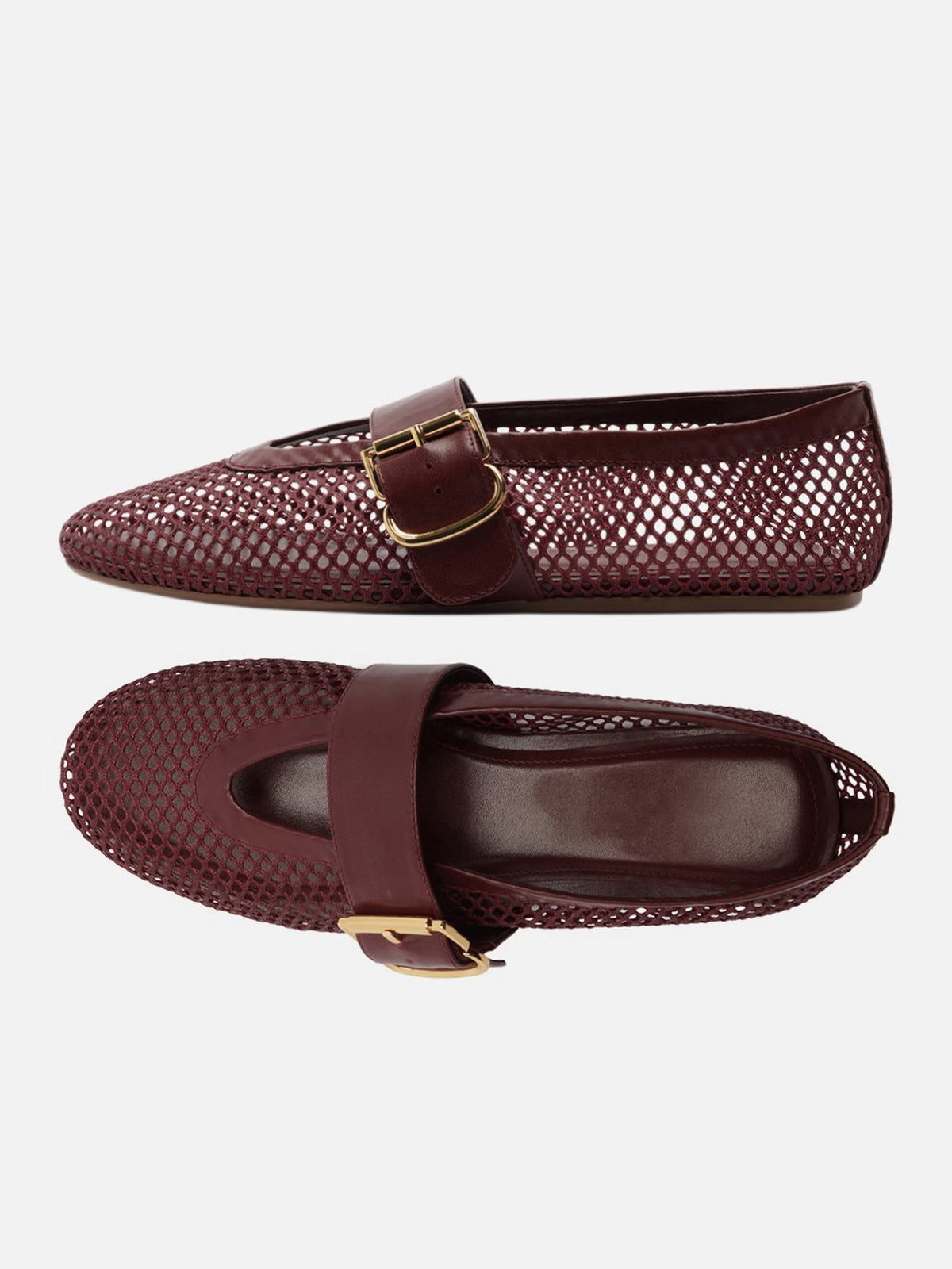 Dark Brown Mesh Round-Toe Buckle Wide Strap Slip-On Ballet Flats