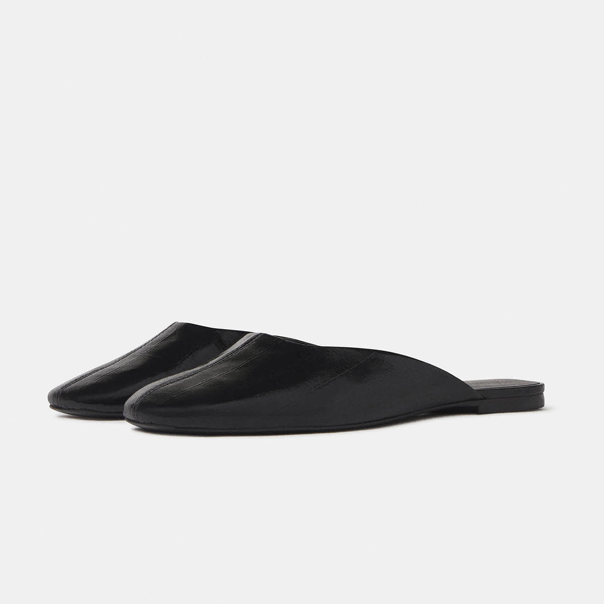 Slip-On Square-Toe Backless Mules Flats - Patent Black