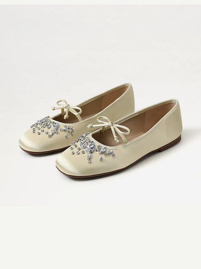 Beige Satin Square-Toe Front Crystals And Mary Jane Ballet Flats