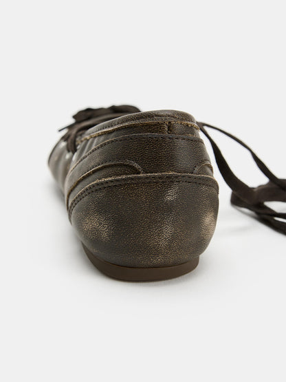 Brown Round-Toe Front Bow And Lace-Up Sporty Ballet Flats