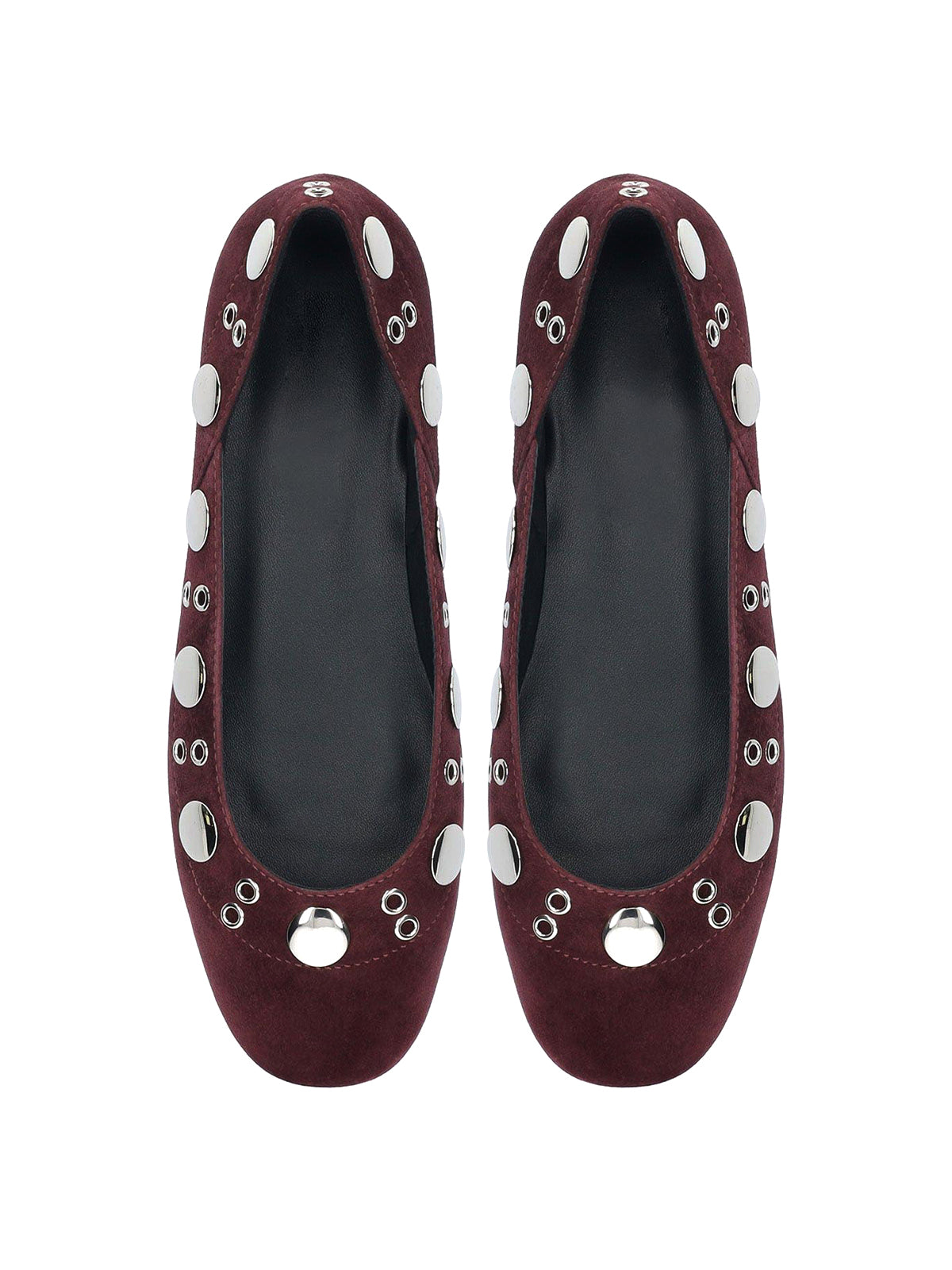 Burgundy Faux Suede Square-Toe Eyelets And Studs Slip-On Ballet Flats