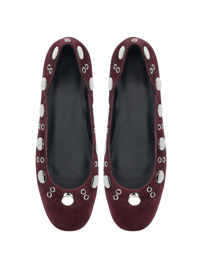 Burgundy Faux Suede Square-Toe Eyelets And Studs Slip-On Ballet Flats