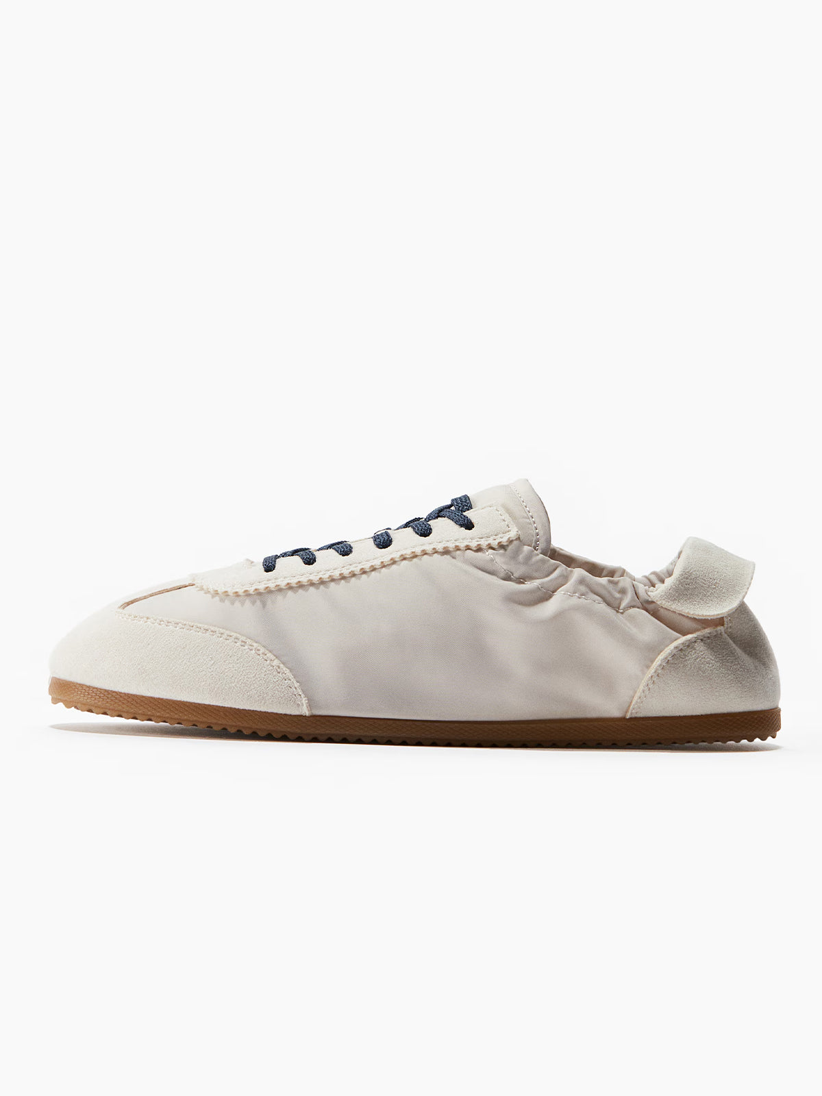 Ivory Satin And Cow Suede And Cow Leather Round-Toe Lace-Up Flats Sneakers