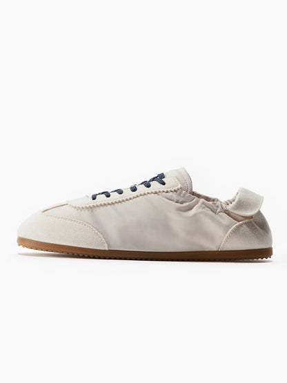 Ivory Satin And Cow Suede And Cow Leather Round-Toe Lace-Up Flats Sneakers