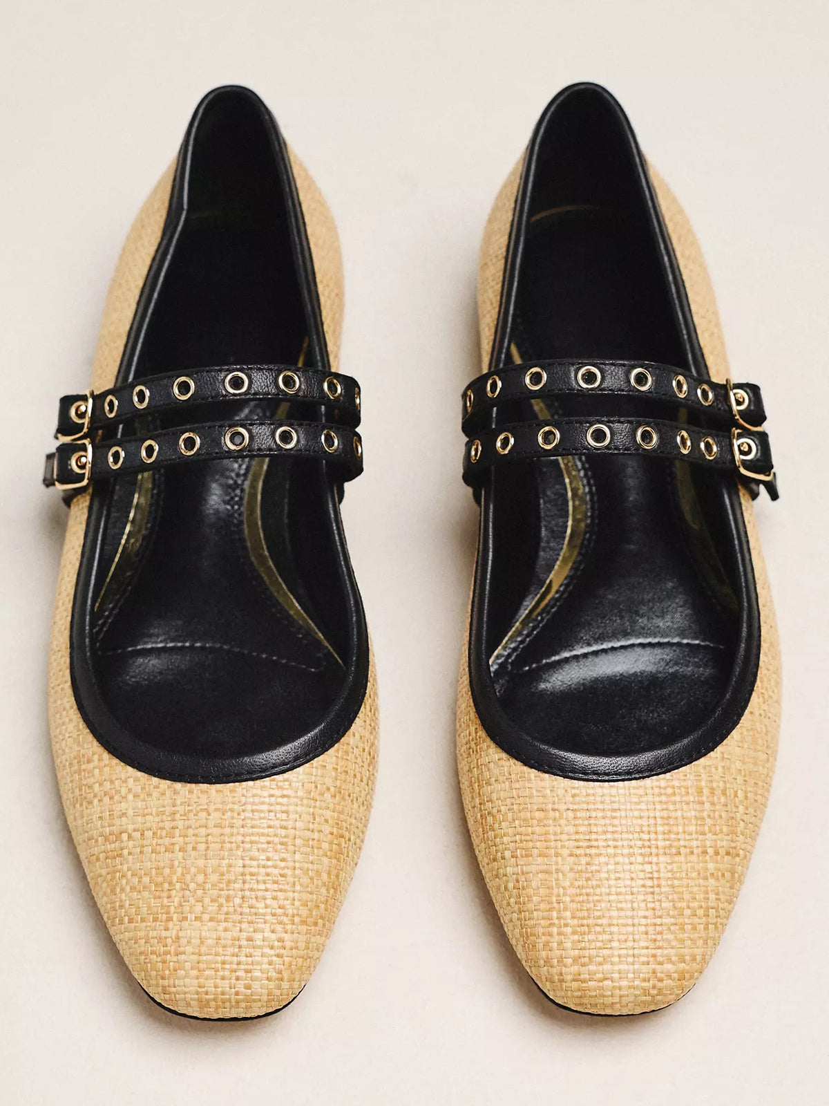 Natural Grass Woven Square-Toe Double Mary Jane With Eyelets Ballet Flats