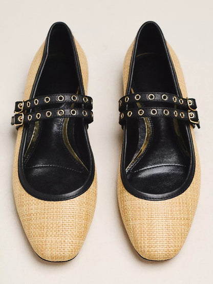 Natural Grass Woven Square-Toe Double Mary Jane With Eyelets Ballet Flats
